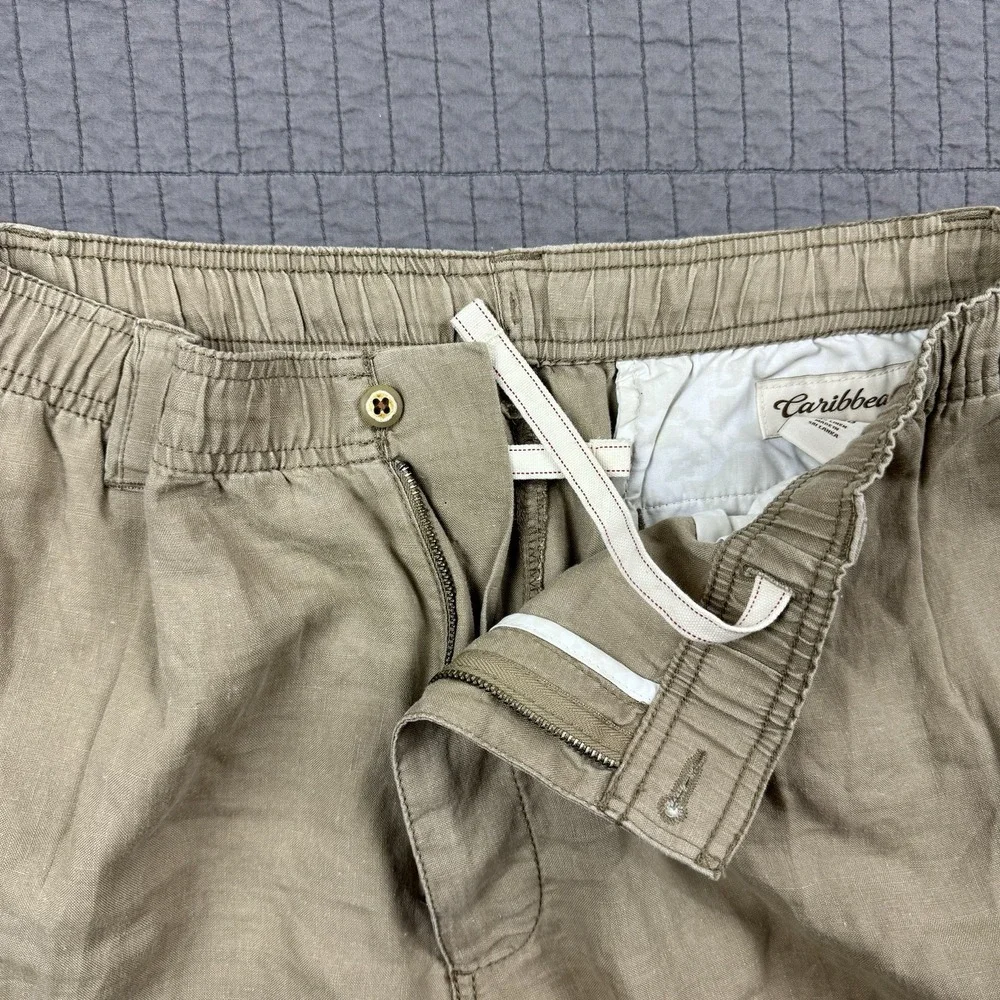 Caribbean Linen Pants Men's 38x30 (36x29) Tan Cargo Pocket Beach Summer‎ Preppy